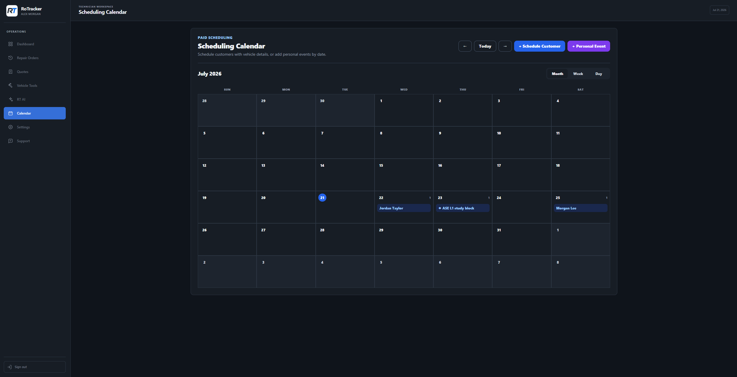 RoTracker customer and personal scheduling calendar
