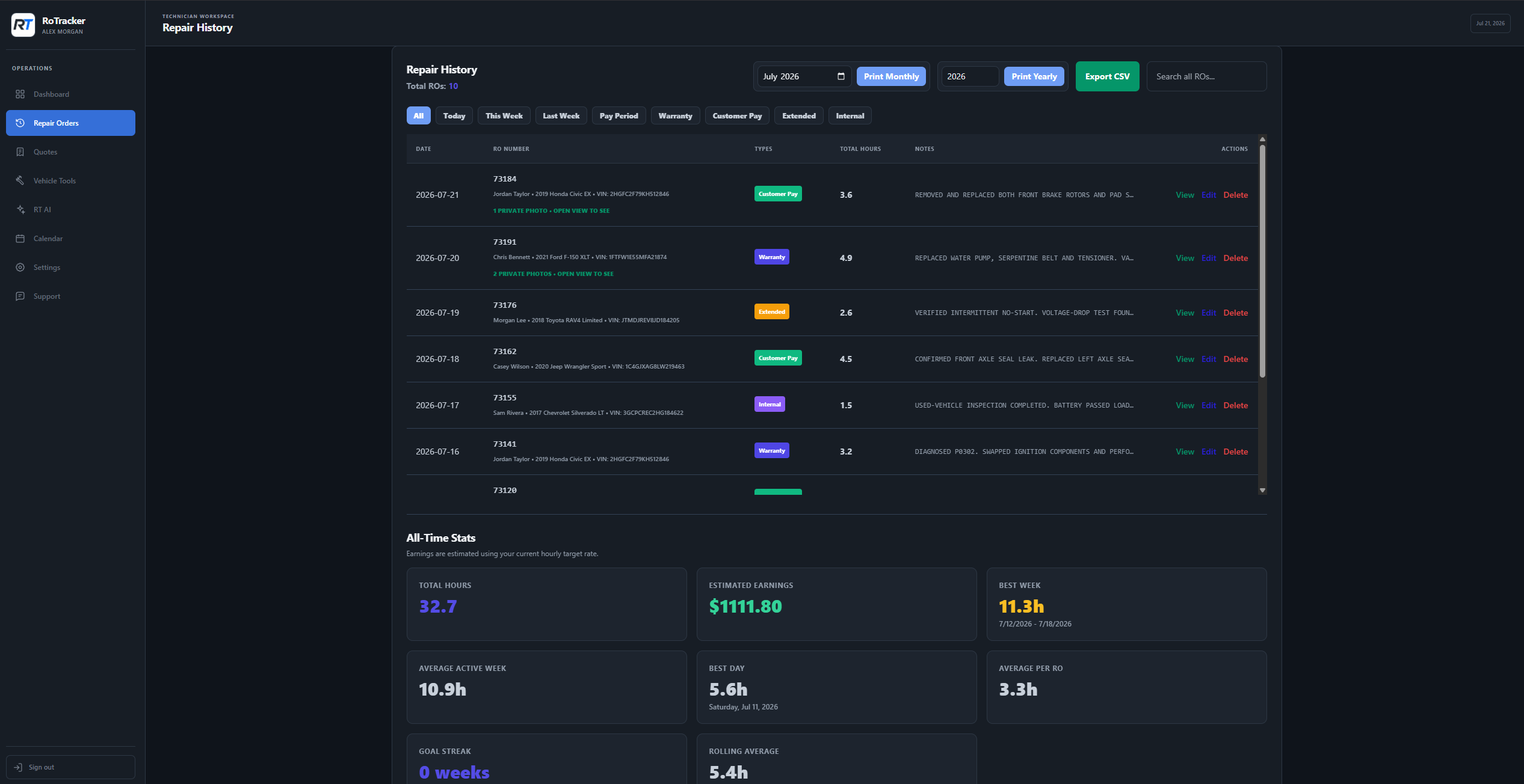 RoTracker searchable repair order history