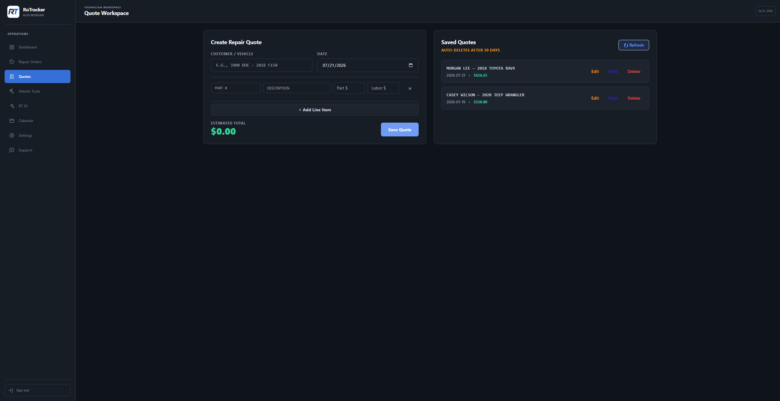 RoTracker customer repair quote builder