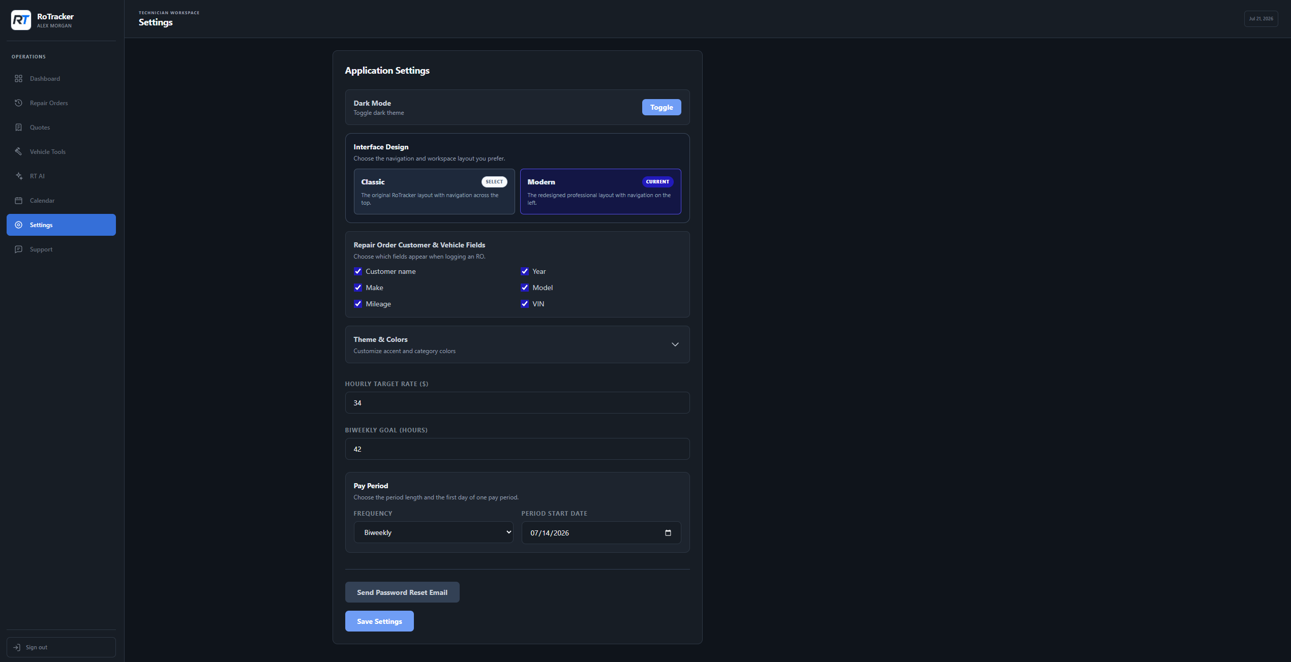 RoTracker technician account and workspace settings